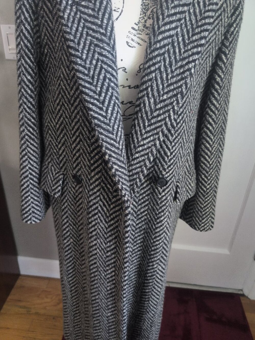 Retro Oversized Double Breasted Chevron Coat 100% Wool Sz 8 - Picture 4 of 13